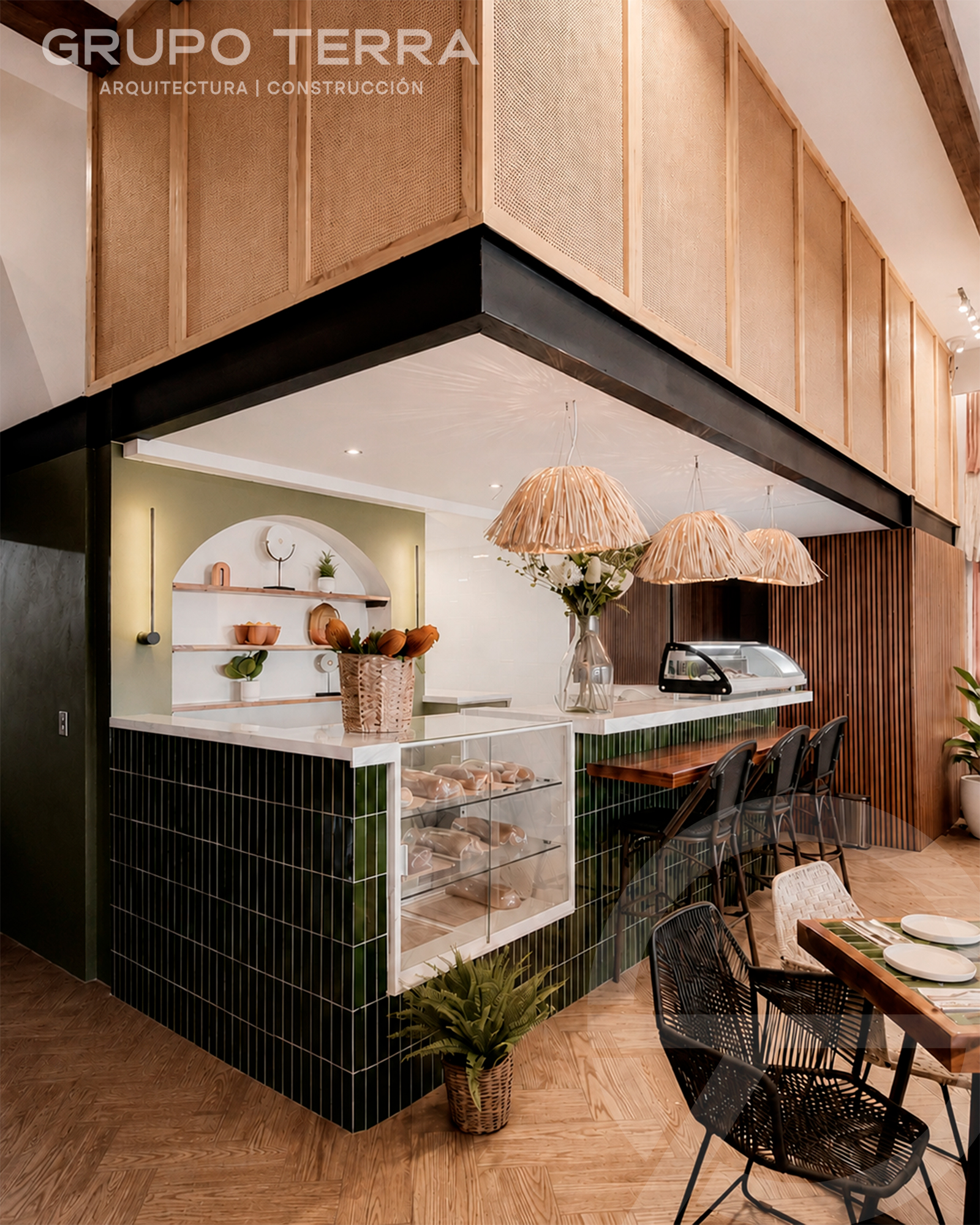 Cafetería con barra de azulejo verde y carpintería de madera