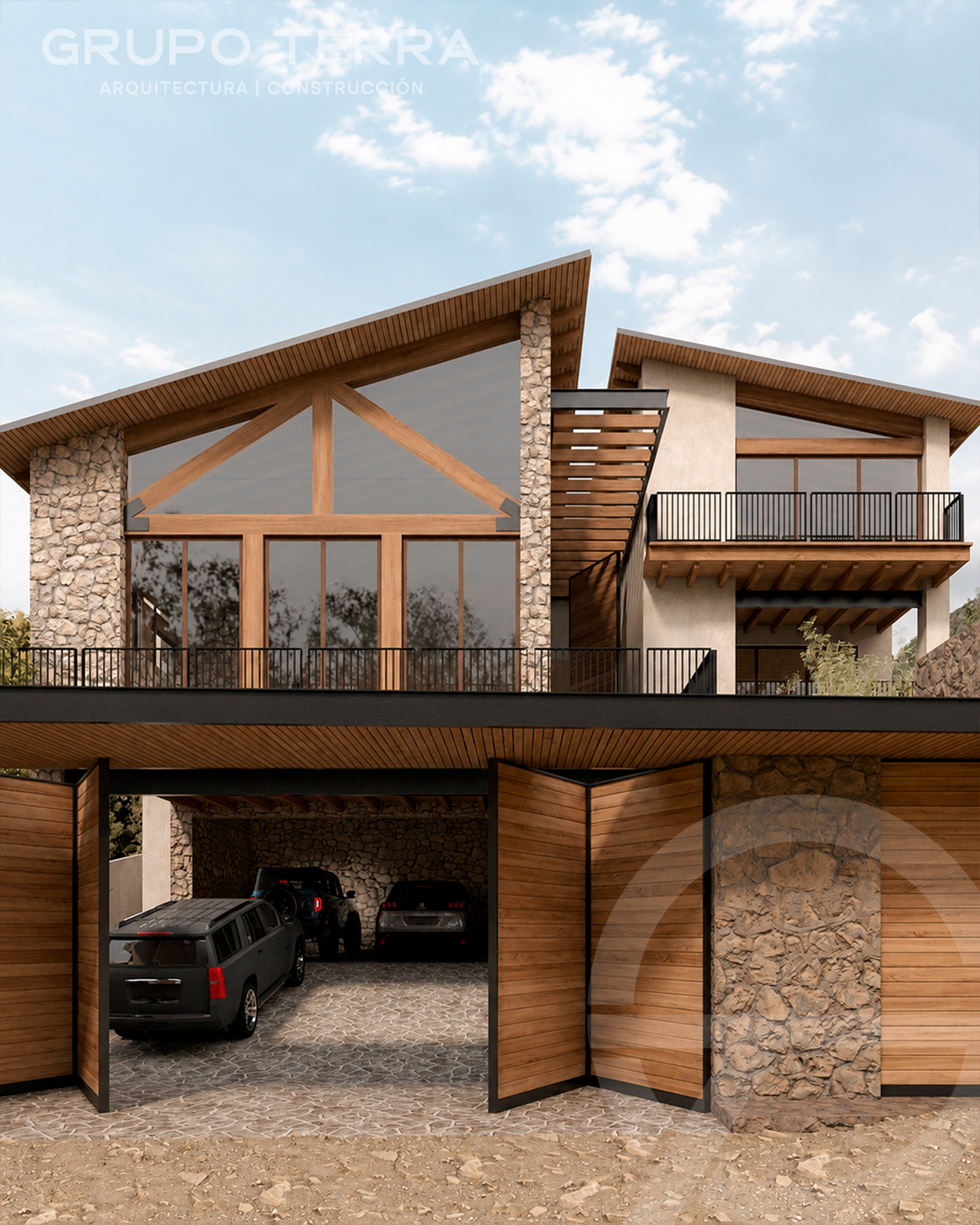 Residencia en Malinalco con fachada de madera y piedra